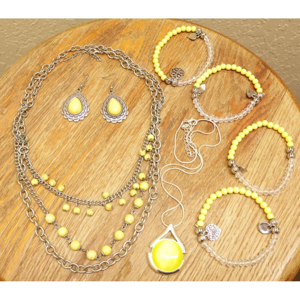 Bright Yellow Jewelry Lot 7 Pc Layered Necklace Pendant Earrings Stretch